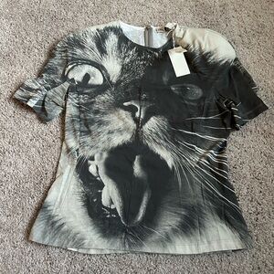 Tory Burch Cat Printed T Shirt Blouse Top Gray Cat Portrait Size 8